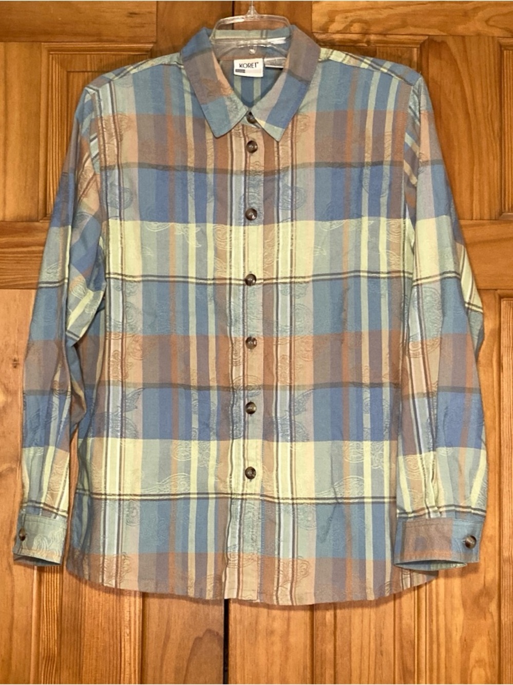 EUC Koret Vintage 90s Top Blouse Long Sleeve Plaid Green Blue Size L Large